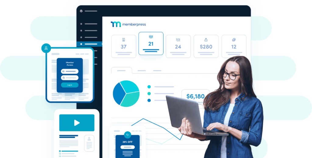 A seelction of graphics depicting the Memberpress user interface; there is also a woman using a laptop.