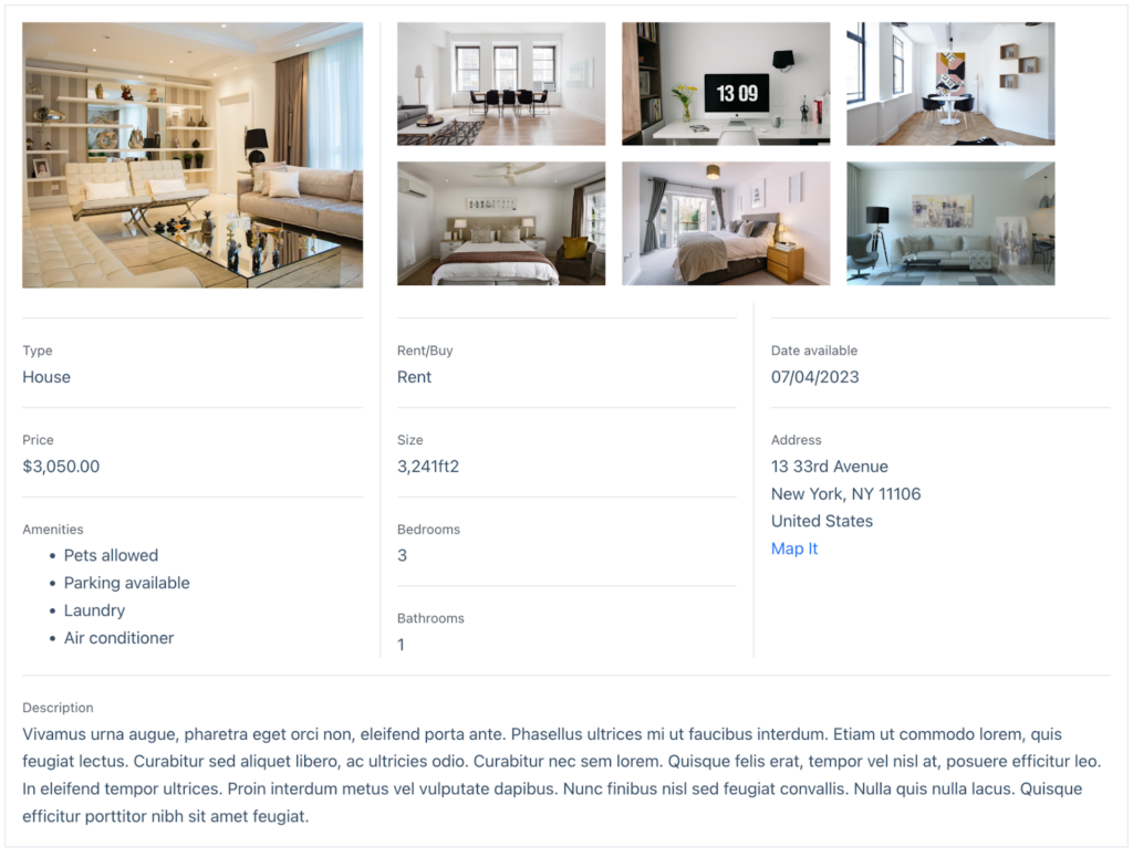 Example real-estate listing created using the Layout Builder.