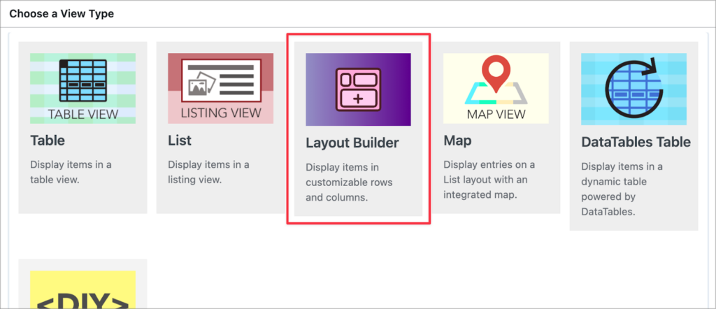 The 'Layout Builder' option in the View Type selector