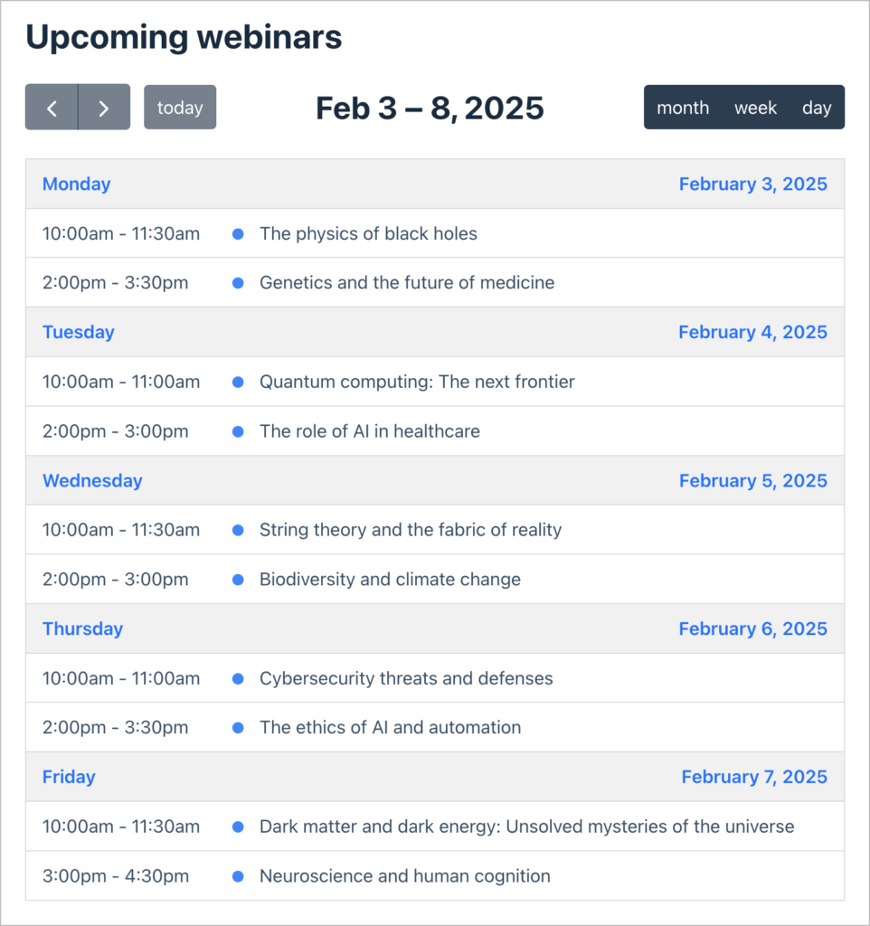 A list of upcoming webinars with dates, times and descriptions.
