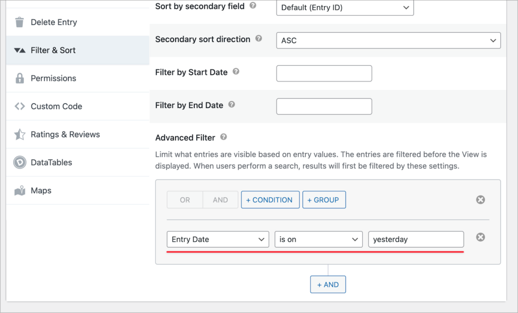 The Advanced Filter with a single condition: 'Entry Date is on yesterday'.