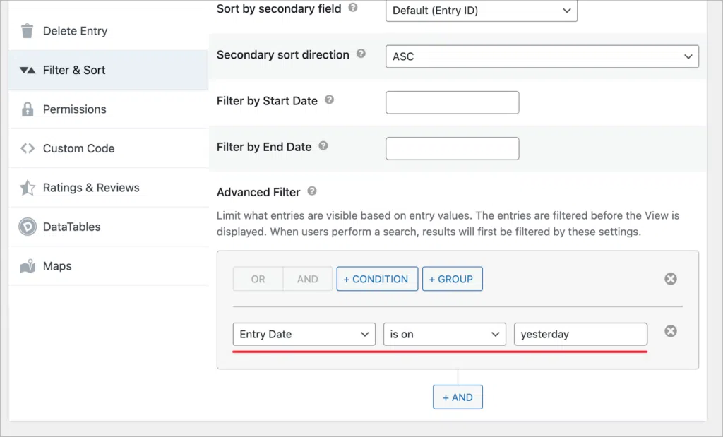 The Advanced Filter with a single condition: 'Entry Date is on yesterday'.