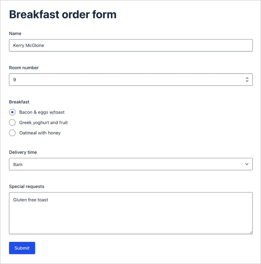 A breakfast order form