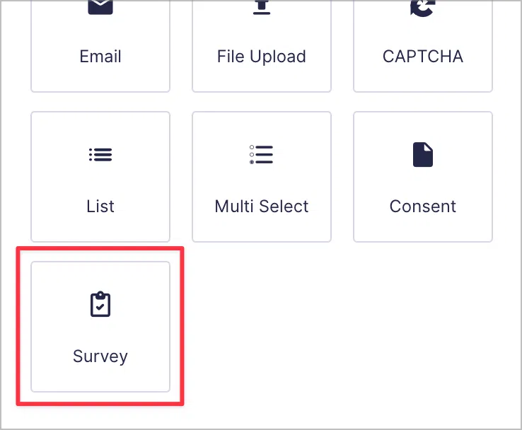 The 'Survey' field in the Gravity Forms editor
