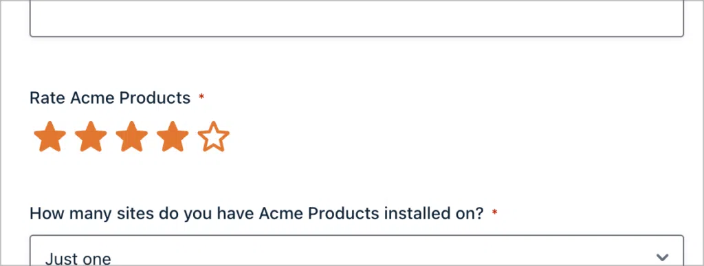 A Survey 'Rating' field labeled 'Rate Acme Products' on a stars scale.