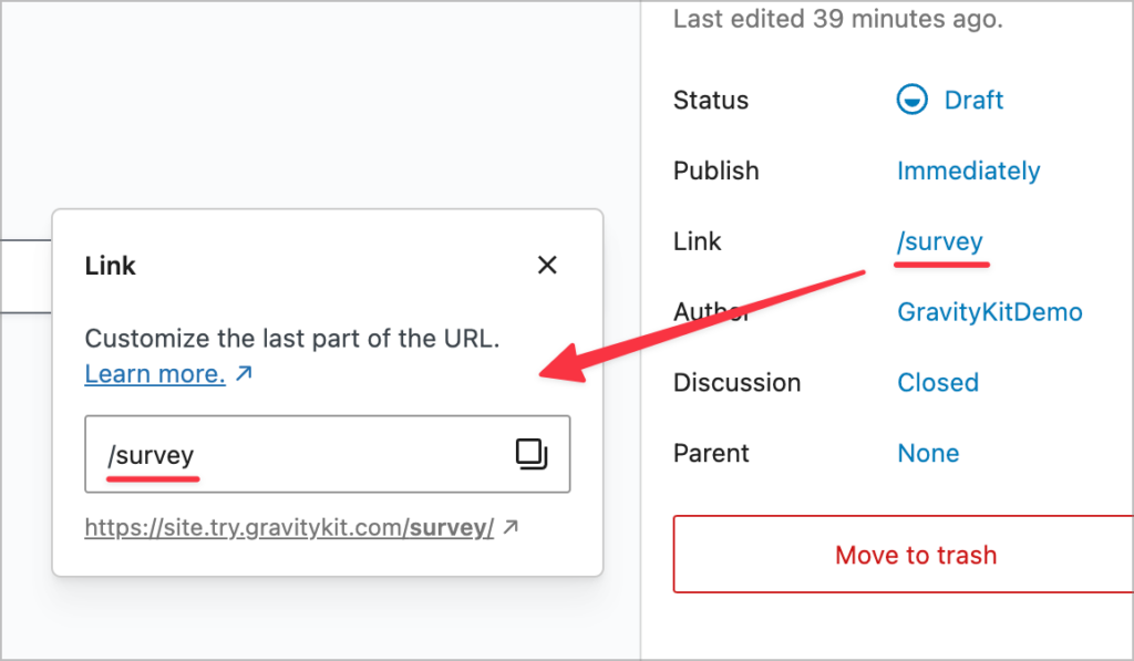 The 'Link' attribute for pages in the WordPress editor; this enables you to edit the URL slug of a page.