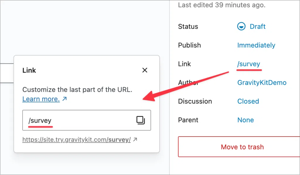 The 'Link' attribute for pages in the WordPress editor; this enables you to edit the URL slug of a page.