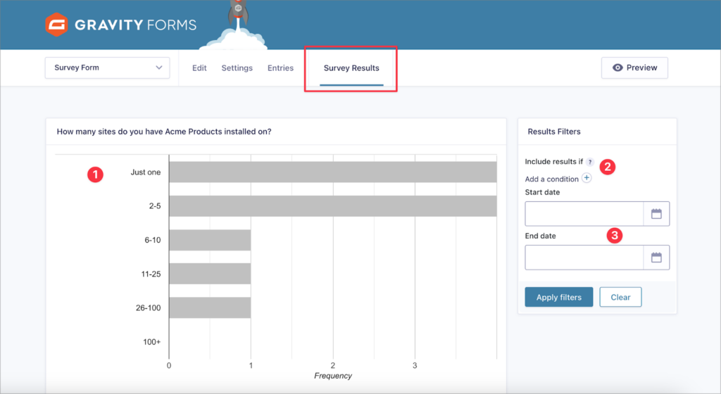 The 'Survey Results' dashboard in the Gravity Forms backend.