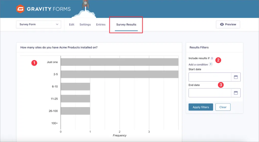 The 'Survey Results' dashboard in the Gravity Forms backend.