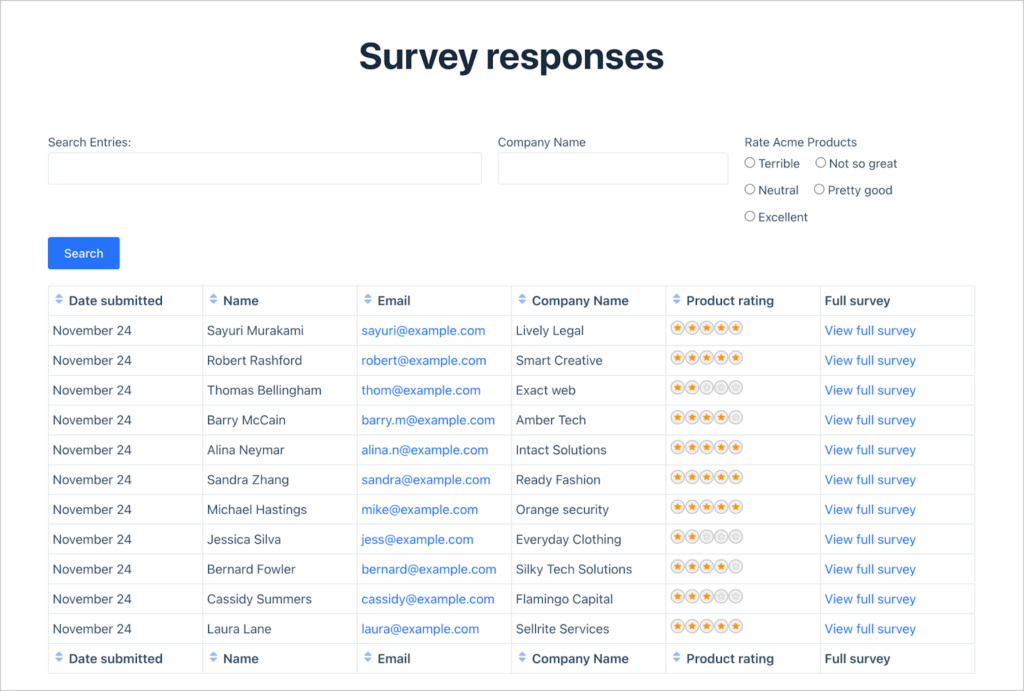 A table of survey responses with a search input at the top; this is built with GravityView.