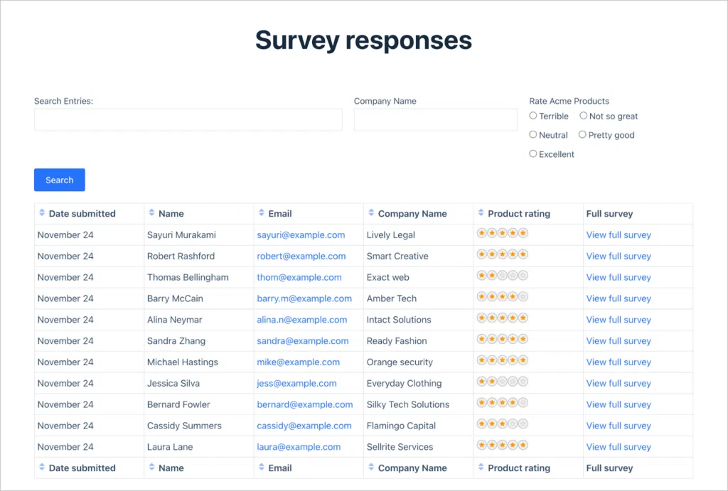 A table of survey responses with a search input at the top; this is built with GravityView.