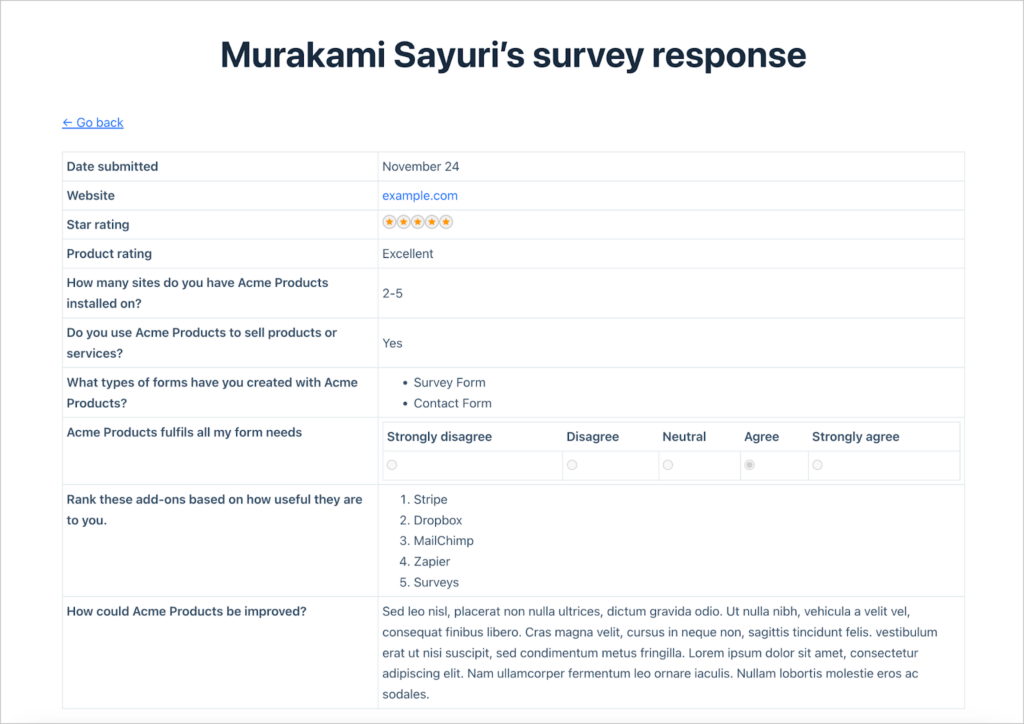 A single survey response being displayed on the front end using GravityView