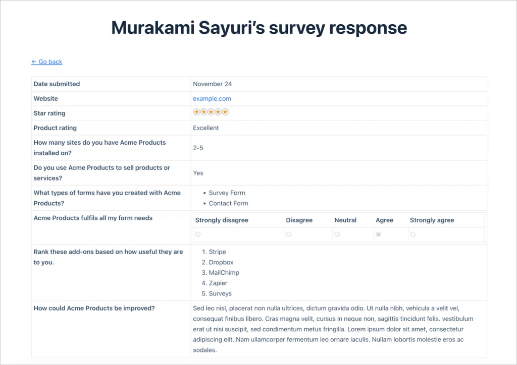 A single survey response being displayed on the front end using GravityView