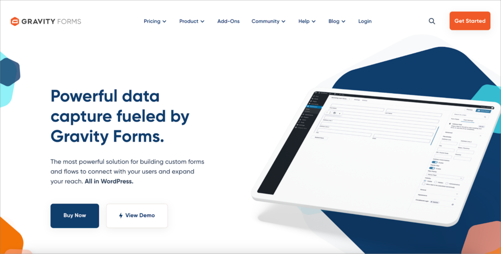 The Gravity Forms homepage; the header reads: 'Powerful data capture fueled by Gravity Forms'.