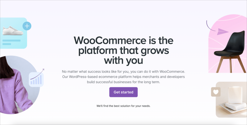 The WooCommerce homepage; the header reads: 'WooCommerce is the platform that grows with you'.