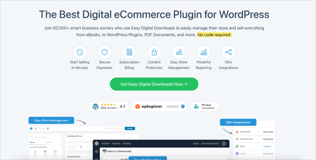 Easy Digital Downloads homepage. The header reads: 'The best digital eCommerce plugin for WordPress'.