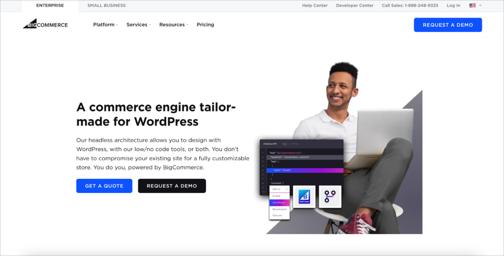 The BigCommerce homepage. The header reads 'A commerce engine tailor-made for WordPress'.
