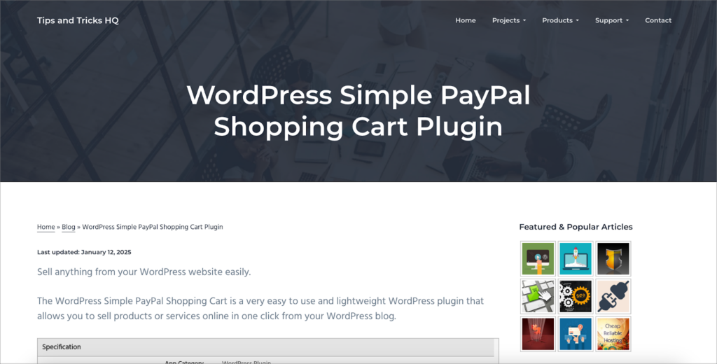 The 'Tips and Tricks HQ' homepage. It reads: 'WordPress simple PayPal shopping cart plugin'.