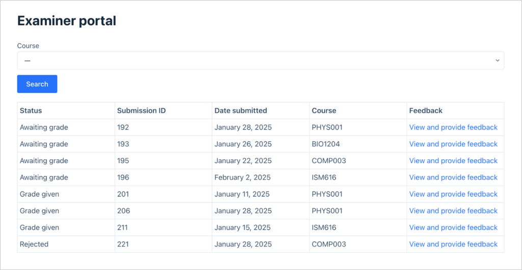 A table containing assignment submissions; there are columns for status, submission id, date submitted, course code, and feedback (where there is a link to provide feedback)