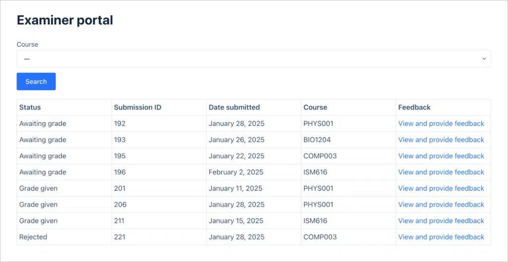 A table containing assignment submissions; there are columns for status, submission id, date submitted, course code, and feedback (where there is a link to provide feedback)
