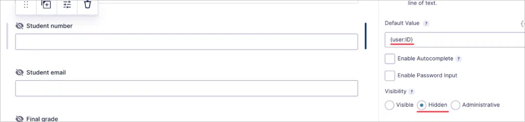 The Gravity Forms builder—two fields are visible, both set to "Hidden".