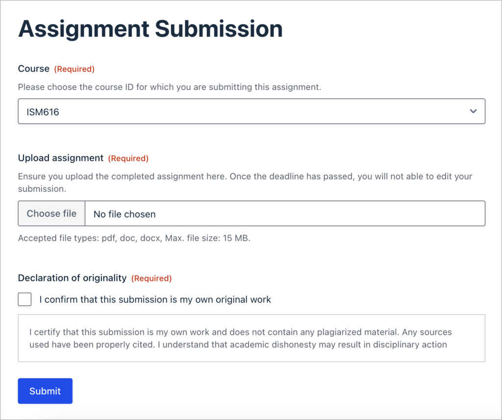 A form titled "Assignment submission" with the following fields: Course (dropdown), Upload assignment (file upload) and declaration of originality (consent checkbox)