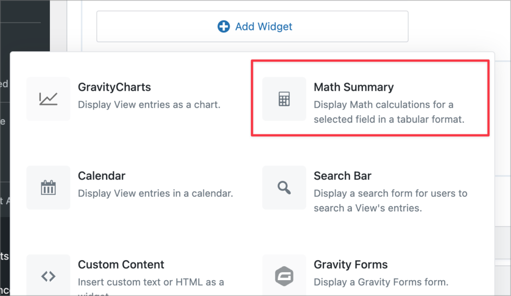 The 'Math Summary' widget
