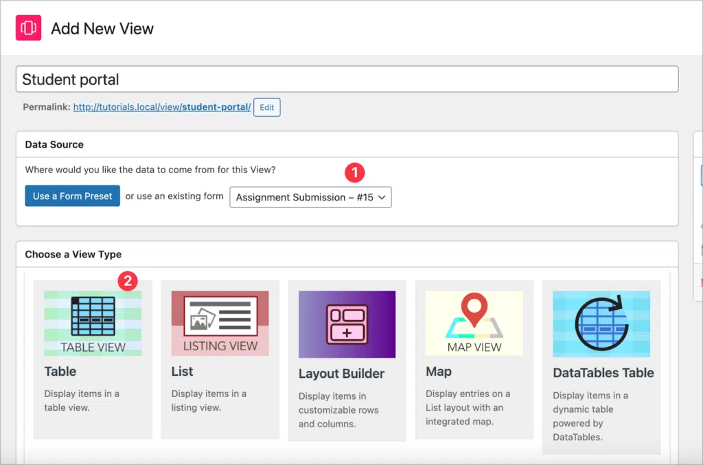 The GravityView View creation screen.