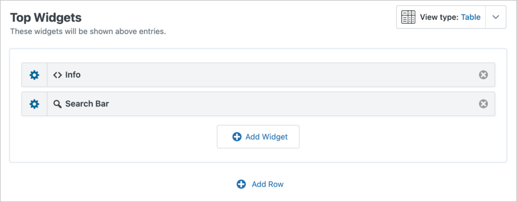 The 'top widgets' section of the View editor.