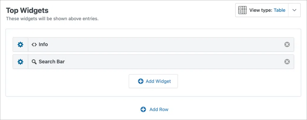 The 'top widgets' section of the View editor.
