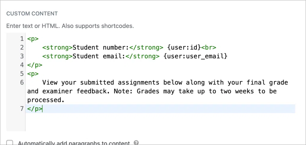 The custom content text editor showing some basic HTML code.