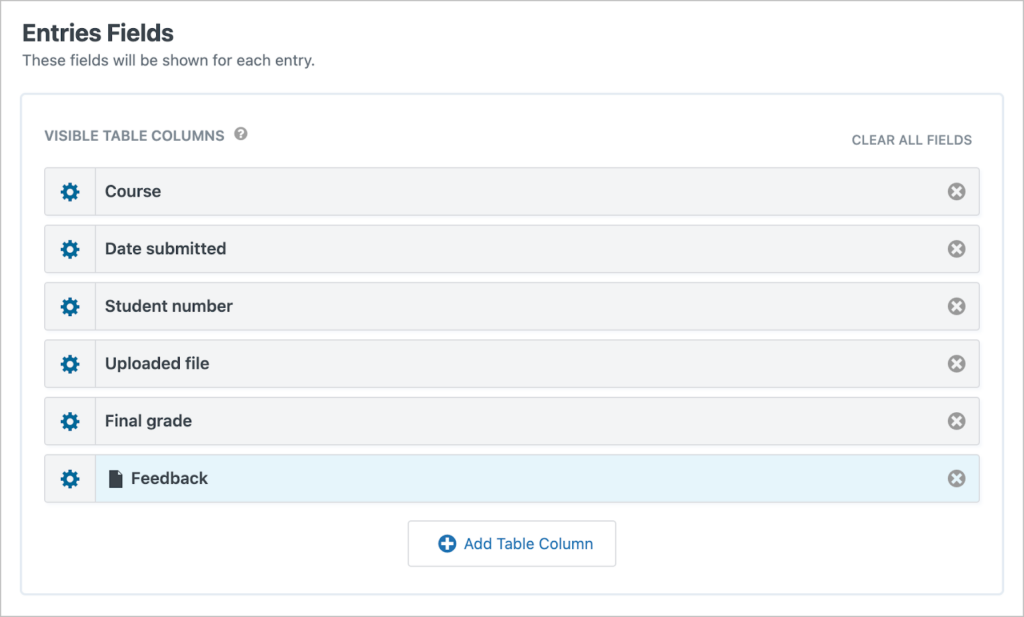 The 'Entries Fields' section of the View editor