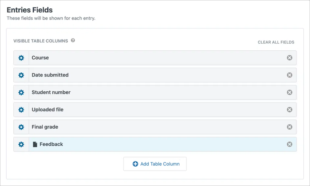 The 'Entries Fields' section of the View editor 