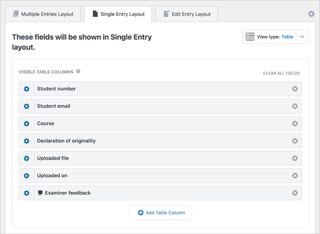 The Single Entry layout section of the View editor