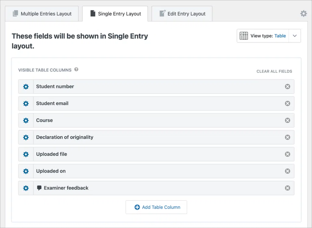 The Single Entry layout section of the View editor