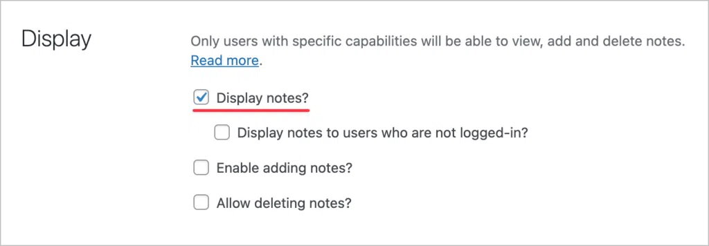 A checkbox labeled 'Display notes?' is checked, while all others are left unchecked.