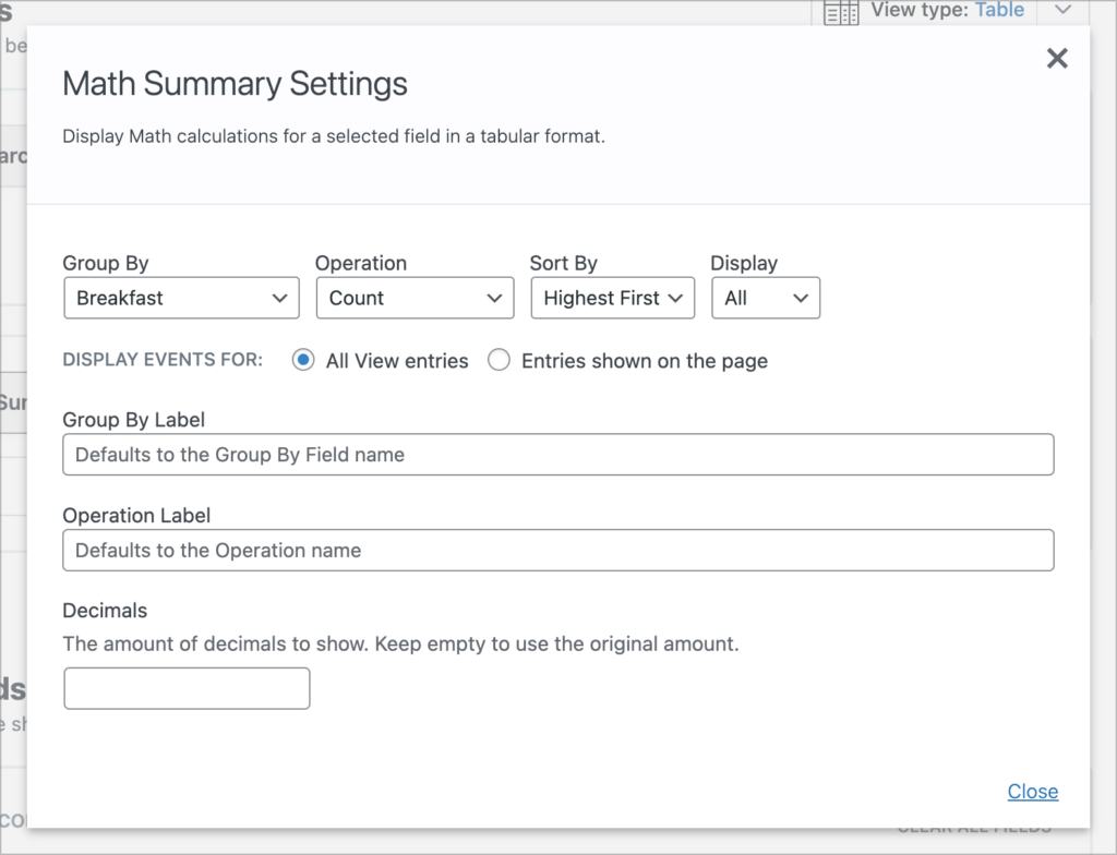 The Math Summary widget settings