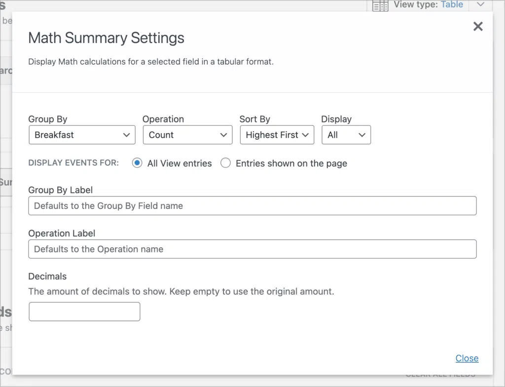 The Math Summary widget settings