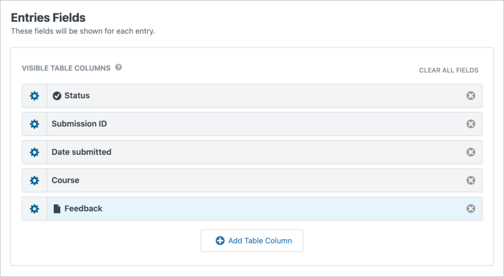The 'Entries Fields' section of the View editor.