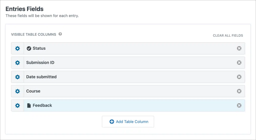 The 'Entries Fields' section of the View editor.