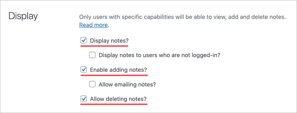 Three checkboxes that have been checked. They are "Display notes?", "Enable adding notes?", and "Allow deleting notes?"