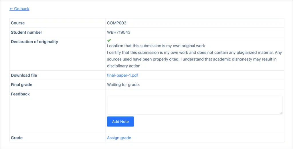 A transposed table showing information about an assignment (including the uploaded file, course and student number). There is also an area to add notes, and a link labeled 'Assign grade'.