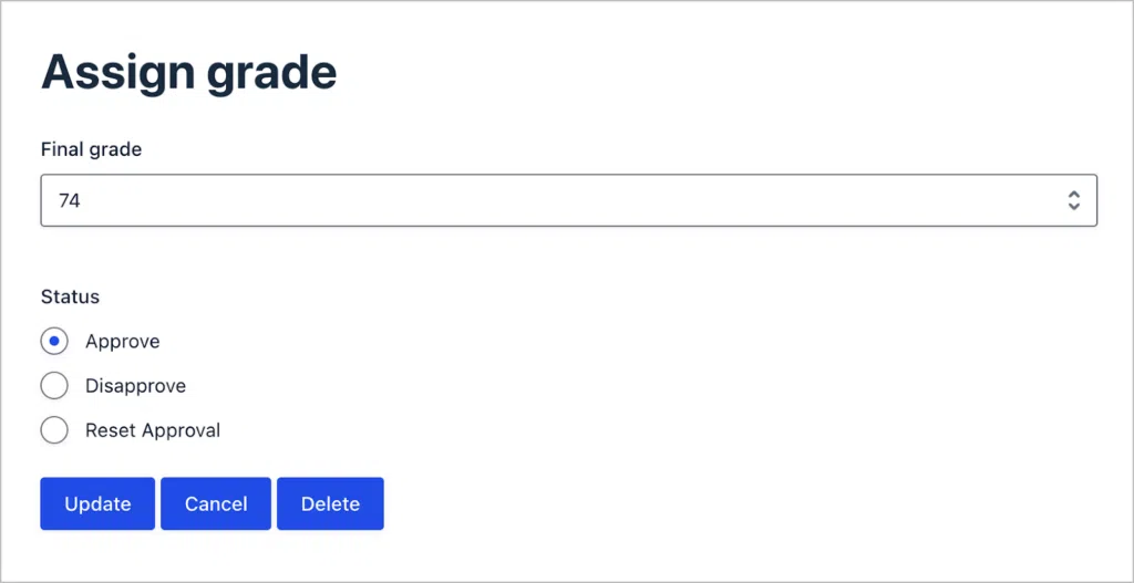 A form titled 'Assign grade'. There are two editable fields: 'Final grade' and 'Status'.
