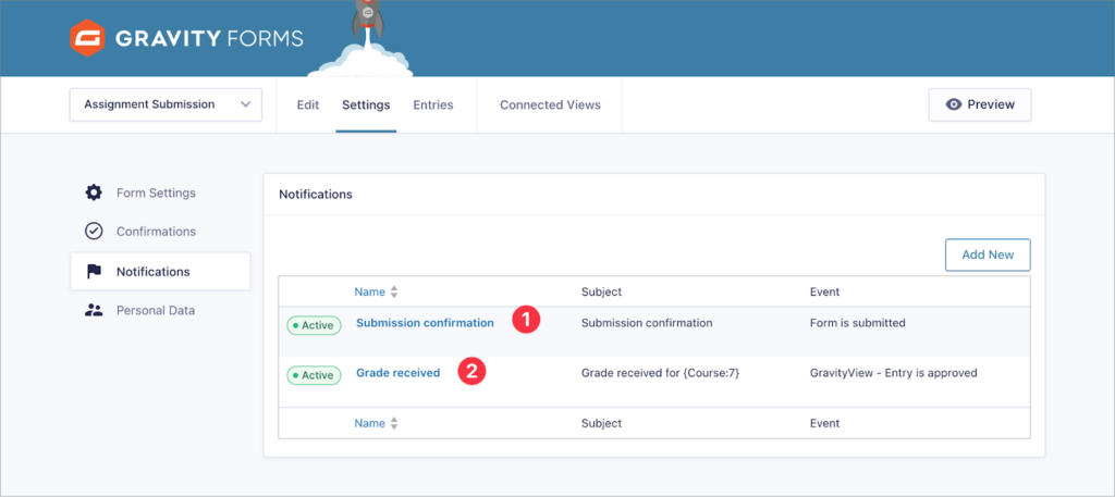 The 'Notifications' page in the Gravity Forms form settings. There are notifications here named 'Submission confirmed' and 'Grade received'.