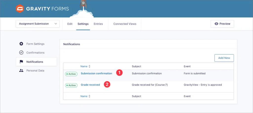 The 'Notifications' page in the Gravity Forms form settings. There are notifications here named 'Submission confirmed' and 'Grade received'.