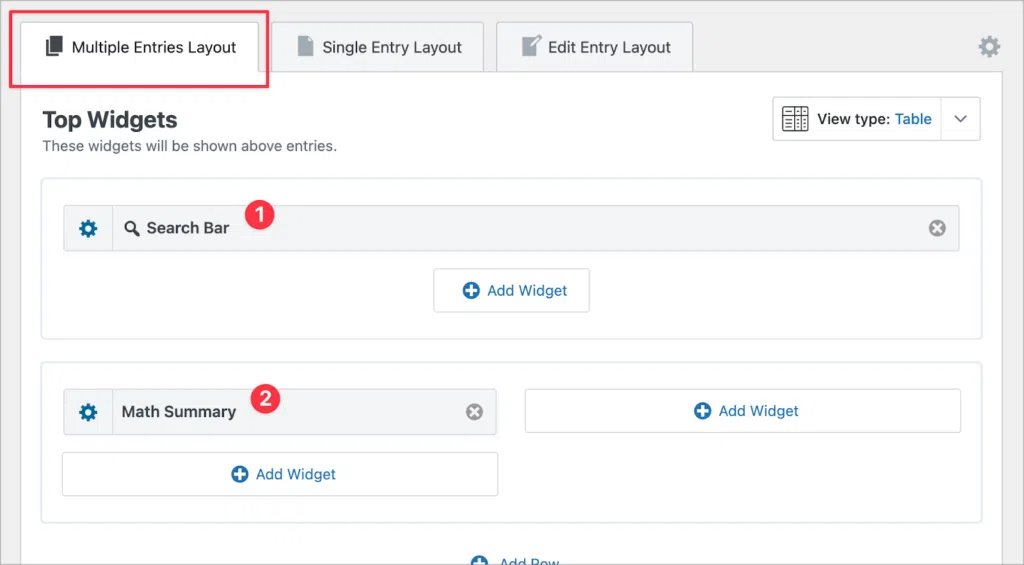 The 'Tope Widgets' area of the View editor; there is a Search Bar widget at the top and a Math Summary widget below