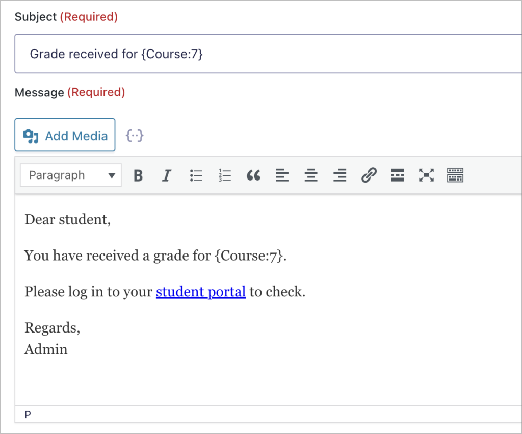 The notification email subject and body