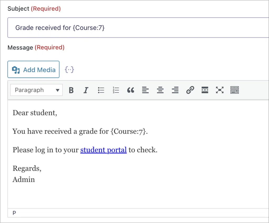 The notification email subject and body