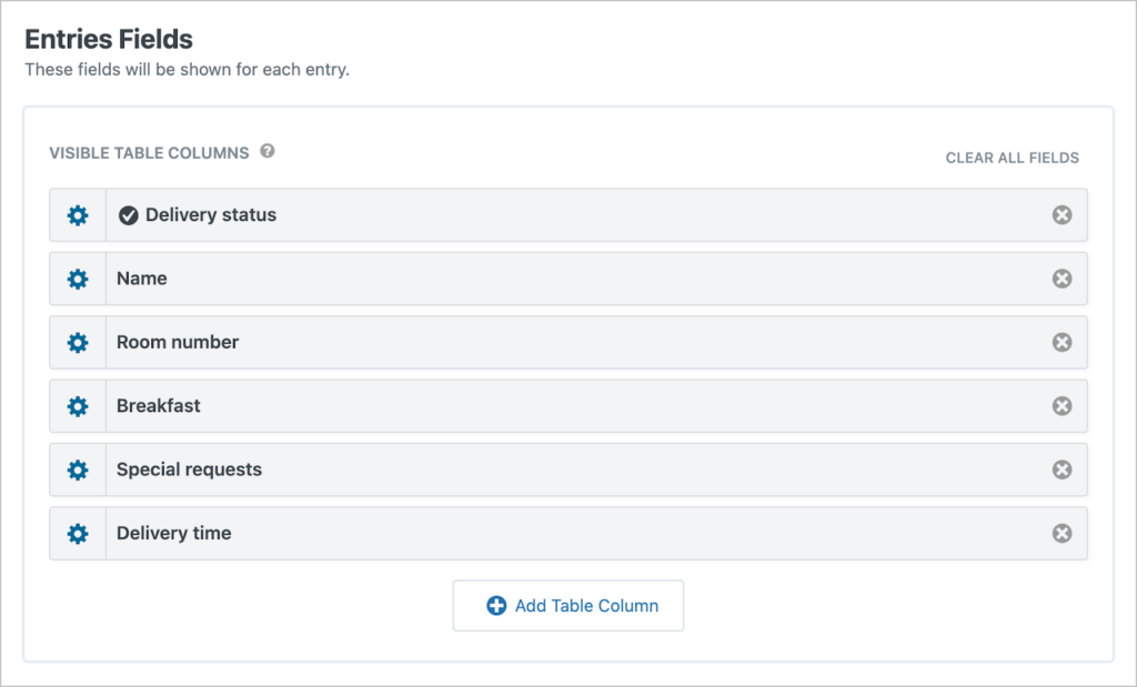 The 'Entries Fields' section of the Viewe editor showing several fields added.