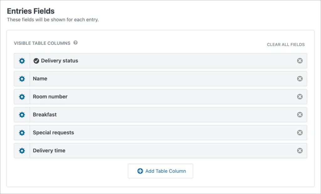 The 'Entries Fields' section of the Viewe editor showing several fields added.
